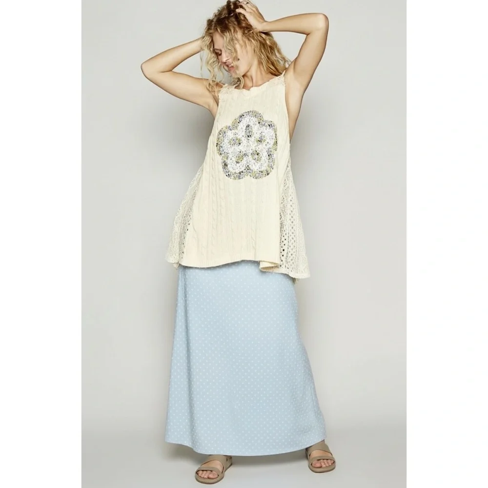 POL Cream Patchwork Sleeveless Sweater Tunic | Crochet Lace Floral Top